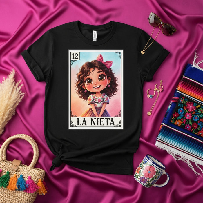 LA NIETA Cute Cartoon Girl Mexican Loteria Card Graphic Tee Shirt for Women, Funny Spanish Bingo Game Traditional Art Unisex T-Shirt Gift Idea