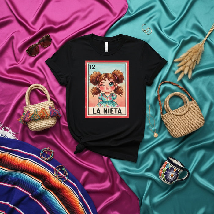 LA NIETA Cute Cartoon Granddaughter Loteria Card T-Shirt, Mexican Bingo Game The Granddaughter Tee, Spanish Heritage Graphic Shirt, Number 12 Wink Design