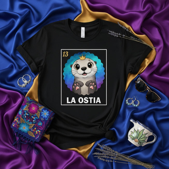 Tarjeta de Lotería de Nutria Linda con Corona Camiseta | Camiseta Gráfica Negra Estilo Bingo Mexicano Unisex para Amantes de los Animales y Fanáticos de las Nutrias