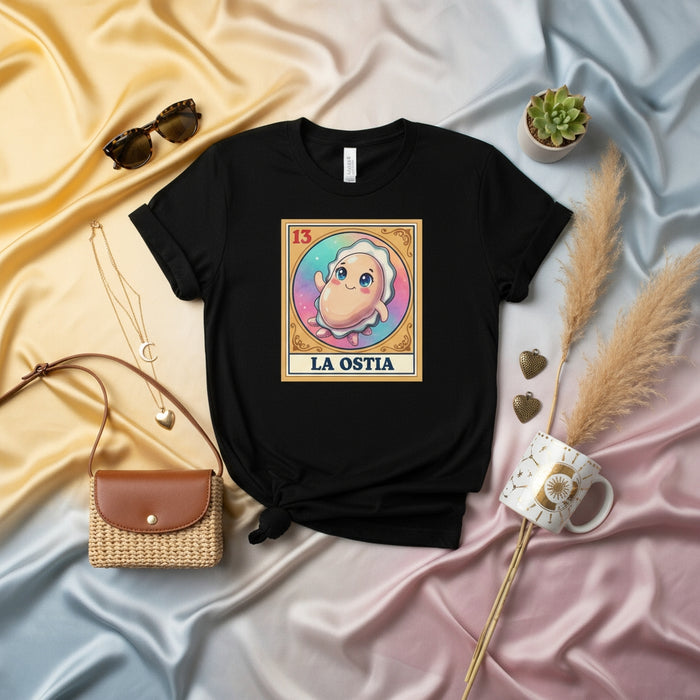 LA OSTIA Loteria Card T-Shirt, Cute Cartoon Oyster Graphic Tee, Number 13 Mexican Bingo Game Design, Funny Sea Life Unisex Shirt, Shellfish Gift for Him or Her