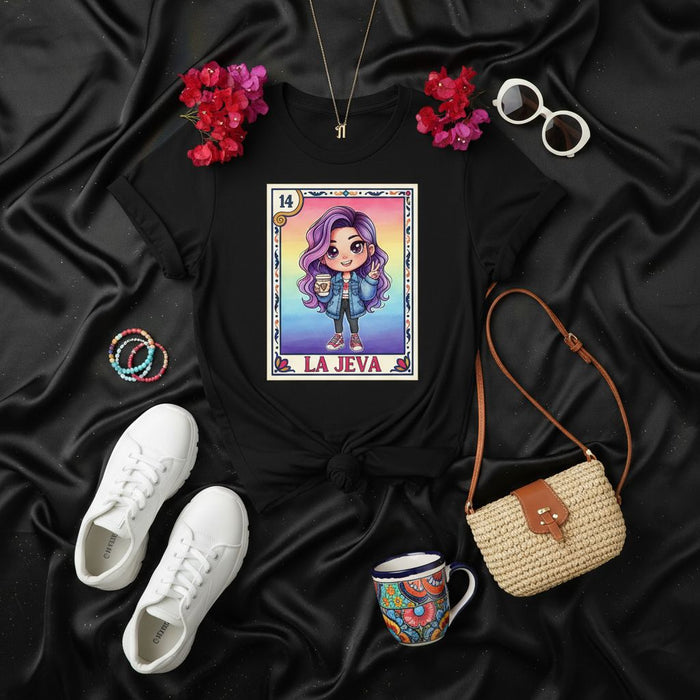 LA JEVA Loteria Card T-Shirt Cute Purple Hair Girl Graphic Tee Hispanic Culture Inspired Unisex Shirt Number 14