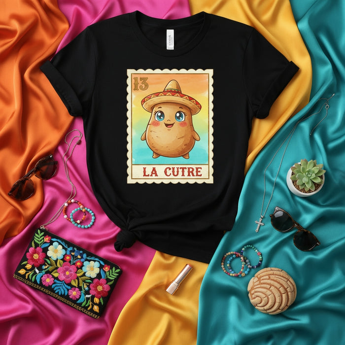 LA CUTRE Funny Potato Lotería Card T-Shirt Cute Spud Sombrero Mexican Bingo Game Art Graphic Tee Unisex Gift Idea