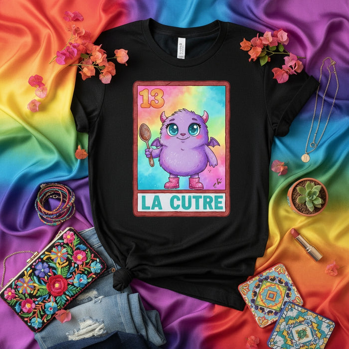 LA CUTRE Funny Cute Purple Monster Loteria Card T-Shirt Unisex Mexican Bingo Game Design Rainbow Background Number 13 Tee Shirt Gift Idea