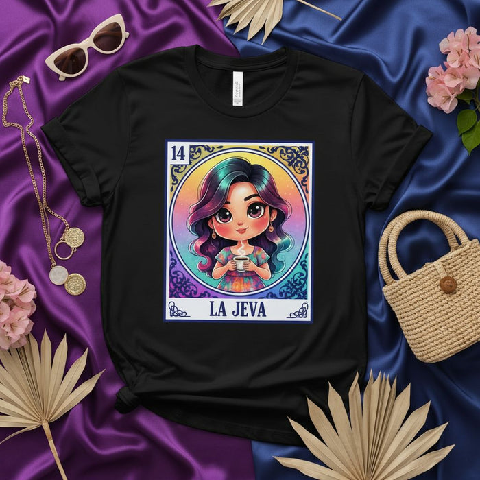 LA JEVA Cute Latina Girl Loteria Card T-Shirt, Mexican Bingo Game Inspired Graphic Tee, Number 14 La Novia Jefa Design, Unisex Adult Clothing