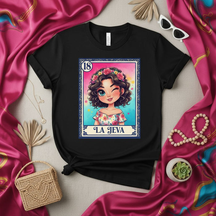 LA JEVA Cute Latina Woman Loteria Card T-Shirt, Mexican Bingo Game La Dama Design, Female Winking Face Floral Crown Unisex Tee Shirt