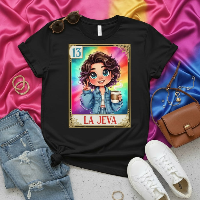 La Jeva Tie Dye Loteria Card T-Shirt Cute Cartoon Girl Denim Jacket Coffee Peace Sign Number 13 Mexican Bingo Game Unisex Tee Shirt