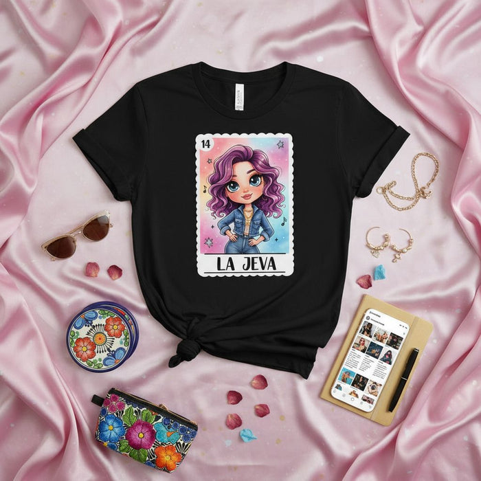 LA JEVA Latina Loteria Card T-Shirt, Cute Cartoon Character, Fun Spanish Bingo Game Design, Unisex Black Tee, Unique Cultural Gift for Her