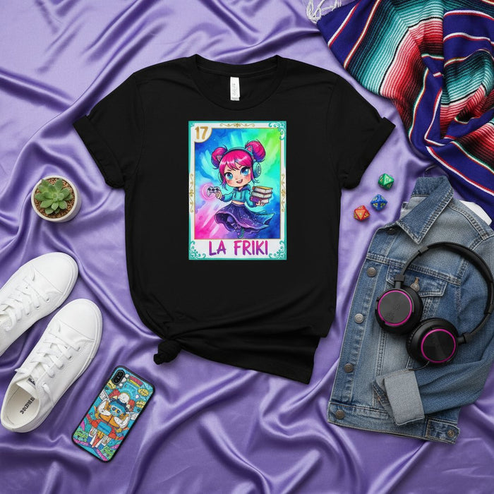 La Friki Gamer Girl Otaku Lotería Card T-Shirt - Cute Pink Hair Anime Style Design - Unisex Black Tee for Fandom and Geek Culture Lovers