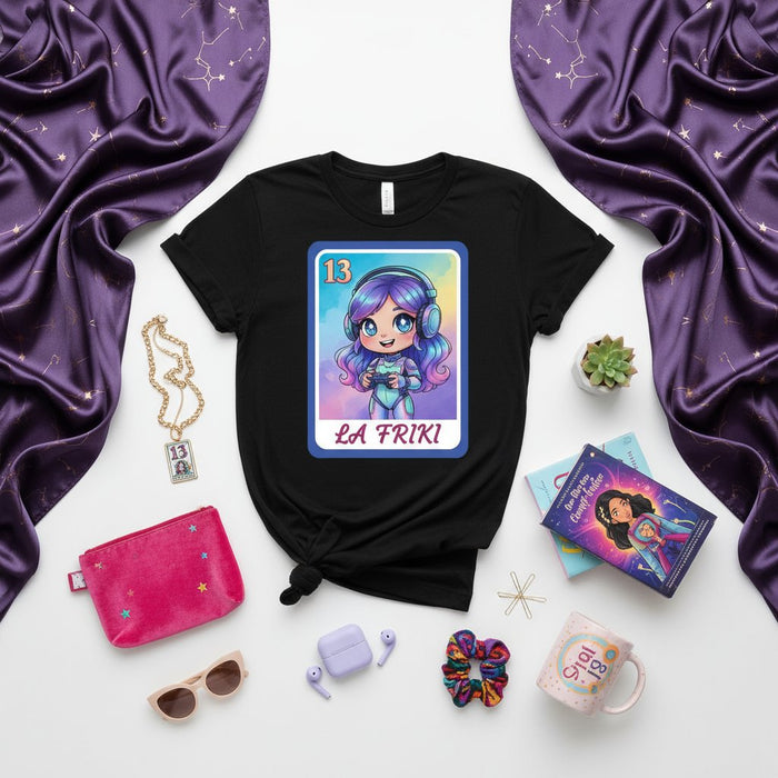 LA FRIKI Gamer Girl T-Shirt, Carta Loteria 13 Anime Cartoon Kawaii Geeky, T-shirt Regalo Unica per Giocatrice di Videogiochi