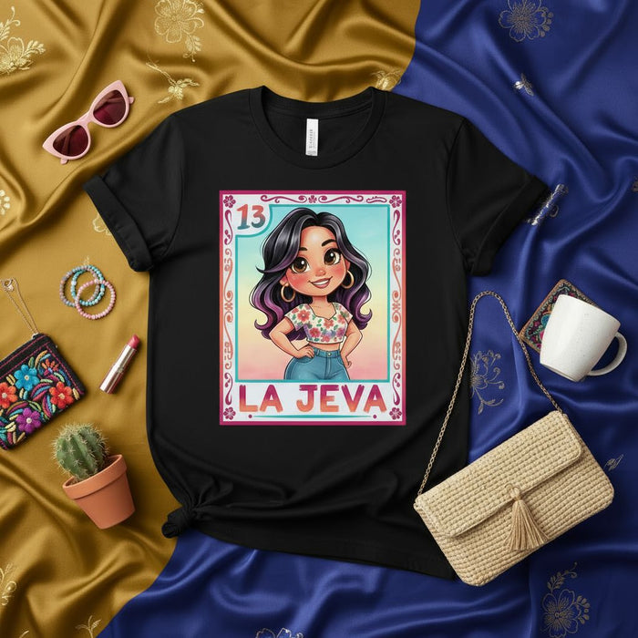 LA JEVA Latina Lotería Card T-Shirt Cute Cartoon Character Design Black Unisex Tee with Floral Print Crop Top Art Number 13