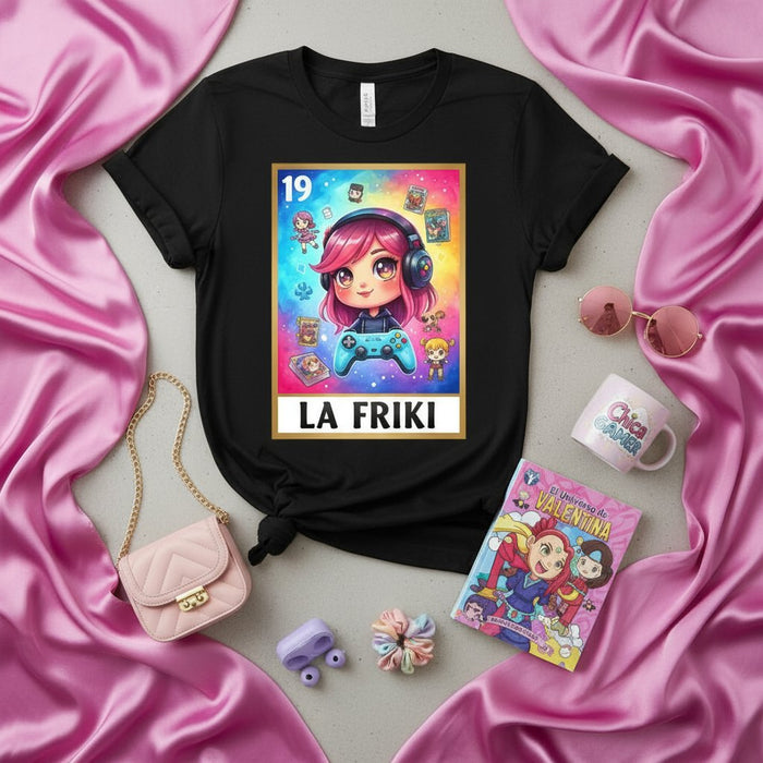 LA FRIKI Gamer Girl Lotería Card T-Shirt Cute Anime Design Video Game Kawaii Gift Unisex Black Tee Shirt for Women Men Kids Nerdy Geek Culture Gift Idea