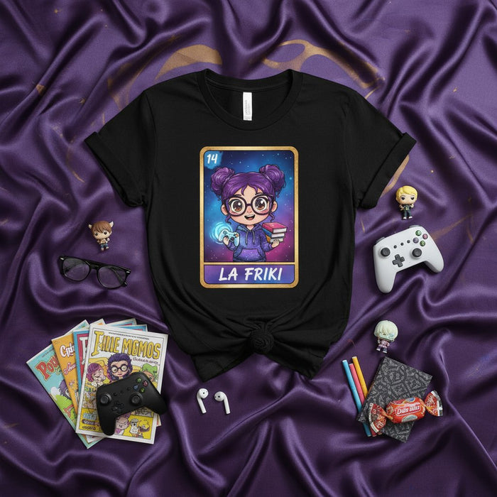 LA FRIKI Loteria Card T-Shirt Cute Purple Hair Girl Nerd Gamer Graphic Tee Unisex Gift for Geeks and Book Lovers