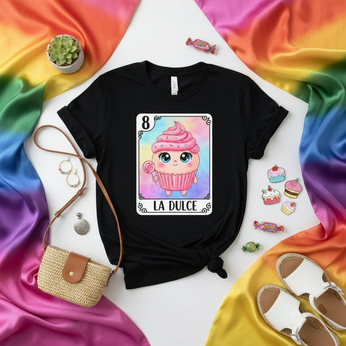 LA DULCE Cute Cupcake Loteria Card T-Shirt Unisex Mexican Bingo Game Sweet Dessert Kawaii Graphic Tee Gift