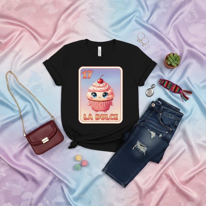 LA DULCE Cute Cupcake Loteria Card T-Shirt, Number 17 Mexican Bingo Game Tee, Sweet Dessert Graphic Shirt, Kawaii Art Unisex Apparel Gift Idea