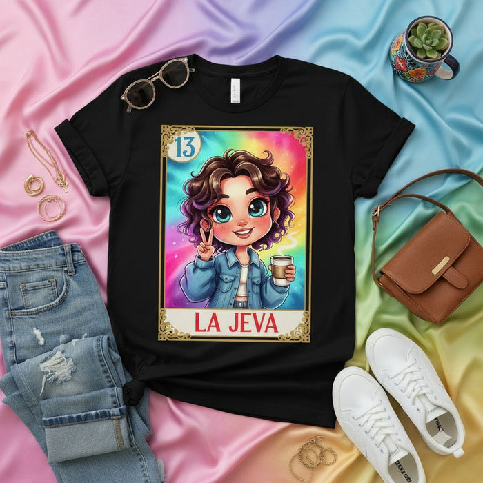 LA JEVA Rainbow Tie-Dye Lotería Card T-Shirt Cute Cartoon Art Latina Graphic Tee Unisex Peace Sign Coffee Lover Shirt Number 13