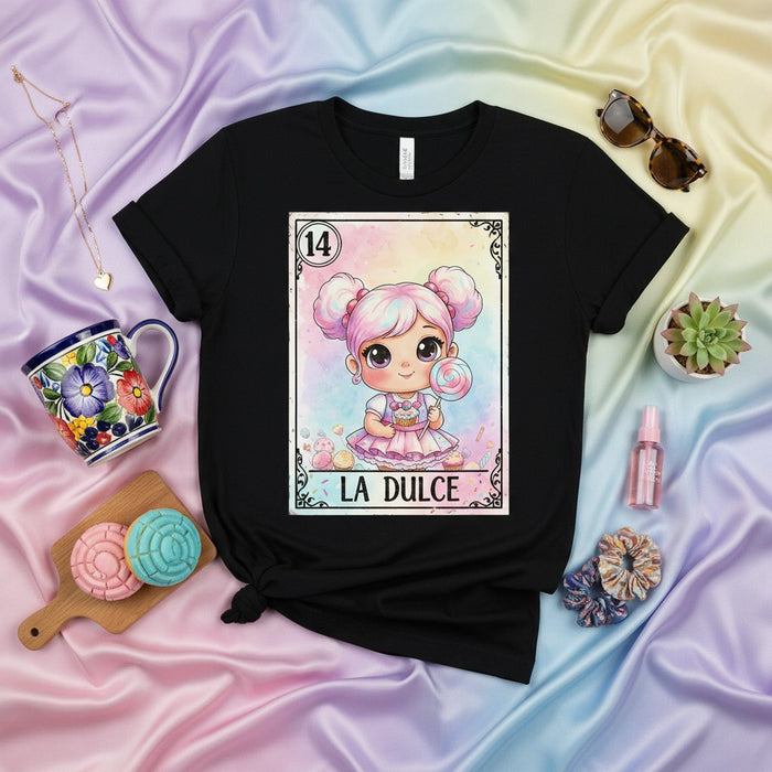LA DULCE Cute Pastel Kawaii Chibi Girl Lollipop Cupcake Loteria Card T-Shirt, Mexican Bingo Game Inspired Graphic Tee, Number 14
