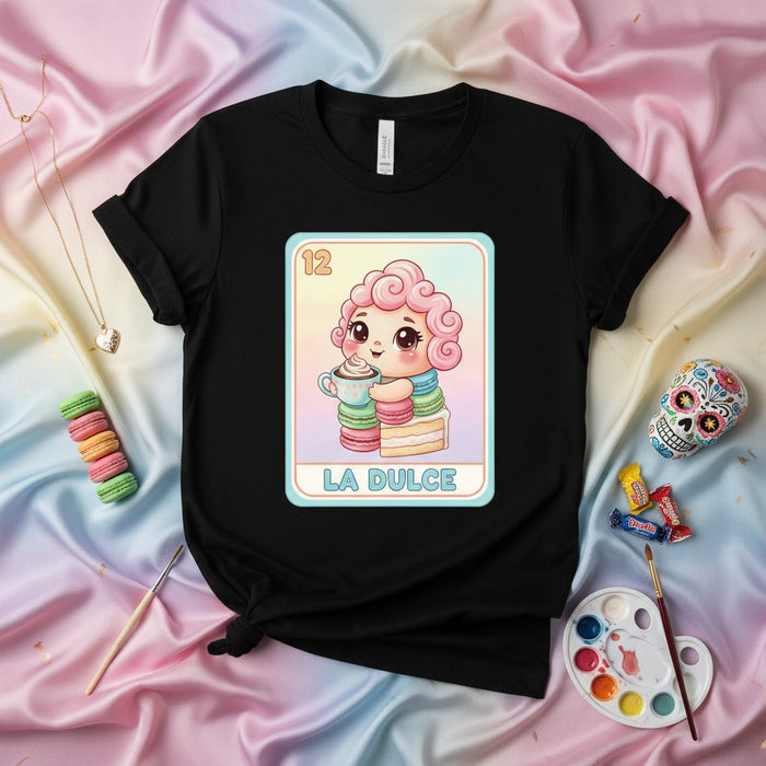 LA DULCE Lotería Maglietta con Carta Simpatica Dolce Pastello Dessert Kawaii Design Unisex T-shirt Teschio di Zucchero Caramella Macaron Caffè Amante Regalo Top per Lui Lei