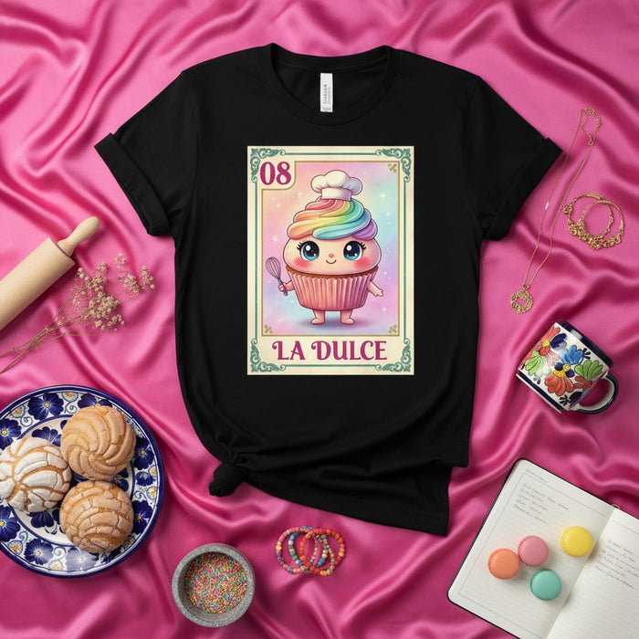 LA DULCE Rainbow Kawaii Cupcake La Loteria Card 08 T-Shirt Ispirata al Gioco Messicano Regalo Divertente per Appassionati di Pasticceria