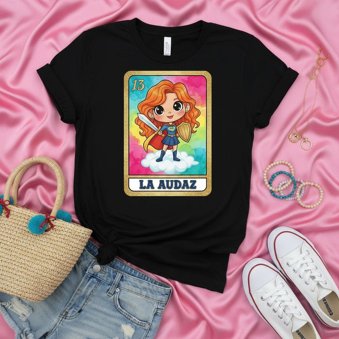 LA AUDAZ Cute Super Girl Loteria Card T-Shirt with Sword and Shield, Chibi Superhero Cartoon Graphic Tee, Mexican Bingo Game Inspired Unisex Shirt, Number 13