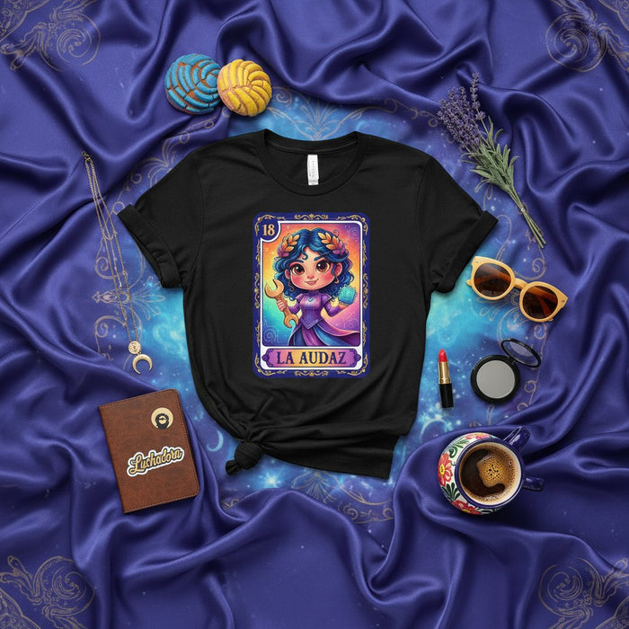 LA AUDAZ Loteria Card T-Shirt, Cute Mexican Bingo Game Style Design Tee, Number 18 La Valiente Shirt, Unique Gift for Her or Lucha Libre Fan