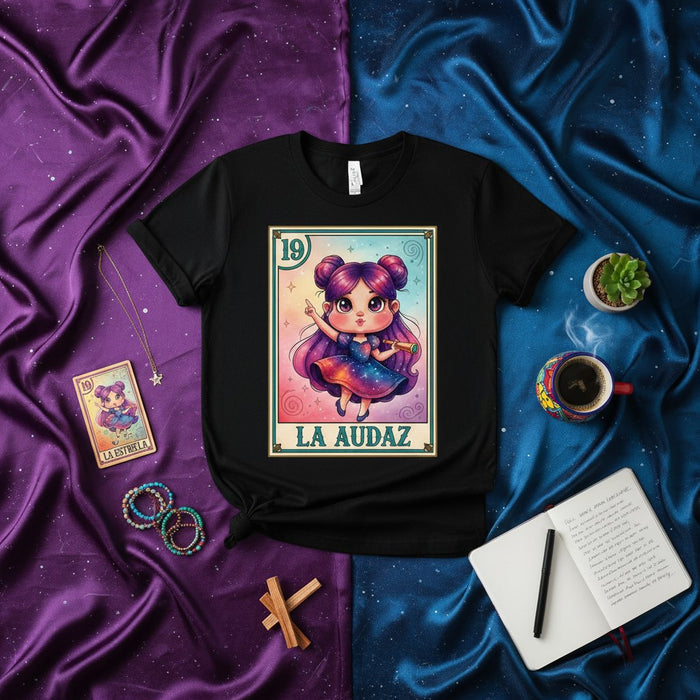 LA AUDAZ Cute Anime Girl Loteria Card T-Shirt, Star Card La Estrella Inspired Design, Mexican Bingo Game Apparel, Unique Graphic Tee Gift