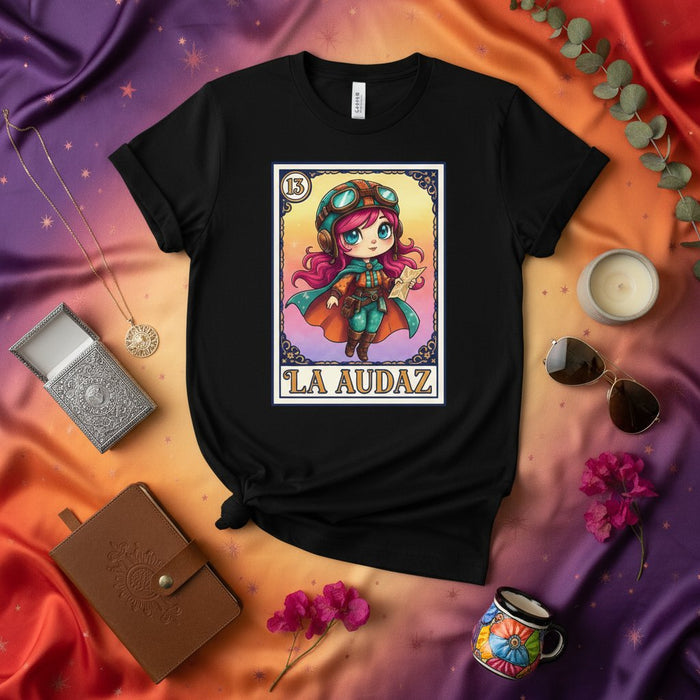 LA AUDAZ Loteria Card T-Shirt, Lucky Number 13, Cute Chibi Aviator Girl with Pink Hair, Unisex Mexican Bingo Game Style Graphic Tee, Bold Adorable Pilot Character Apparel Gift