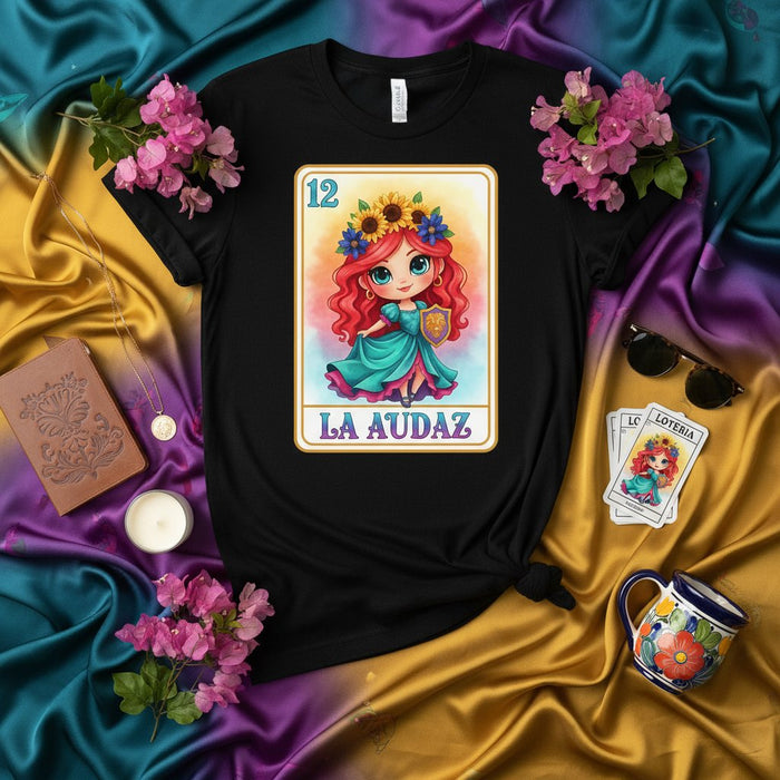 LA AUDAZ Cute Chibi Lotería Card 12 La Audaz Unisex T-Shirt, Mexican Bingo Game The Daring One Graphic Tee, Cinco de Mayo Fiesta Celebration Apparel for Women