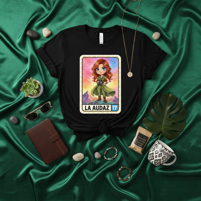 LA AUDAZ 17 Lotería Card T-Shirt: Fierce Redhead Warrior Pinup Girl Design, Cute Chibi Heroine Graphic Tee, Mexican Bingo Inspired Number Seventeen Unisex Shirt