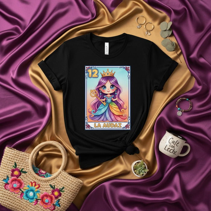 LA AUDAZ Cute Princess Rainbow Dress Loteria Card T-Shirt, Mexican Bingo Game Art Tee, Crowned Character Graphic Shirt, Number 12 Design Unisex Gift