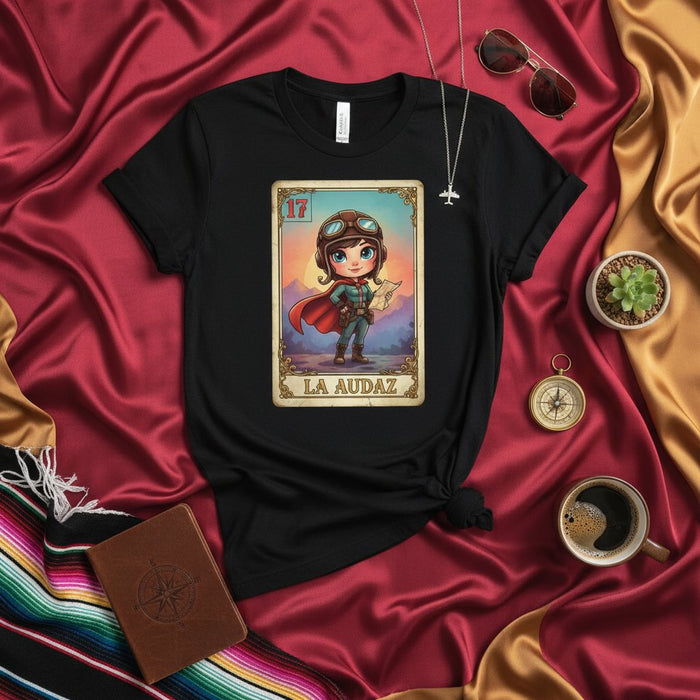 LA AUDAZ Pilot Aviator Girl Loteria Card T-Shirt Cute Cartoon Mexican Bingo Style Tee Unisex Graphic Gift