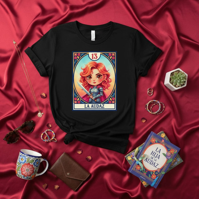 LA AUDAZ The Audacious Woman Warrior T-Shirt, Chibi Girl Knight Loteria Card 13, Redhead Sword Fighter Graphic Tee, Hispanic Culture Inspired Gift, Cute Fantasy Design Unisex Shirt