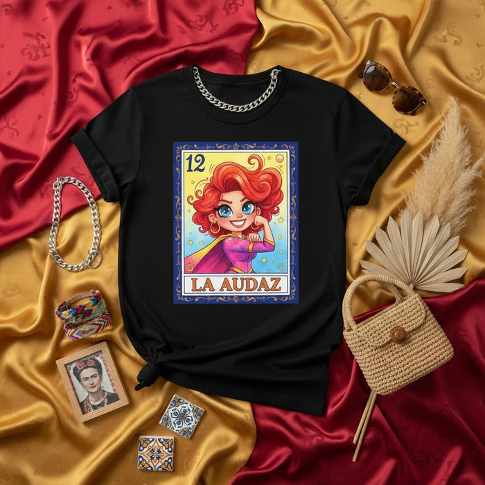 LA AUDAZ Fierce Redhead Superhero Loteria Card Graphic Tee Unisex Mexican Culture Game T-Shirt Gift for Women's Empowerment Latinx Art Style Apparel