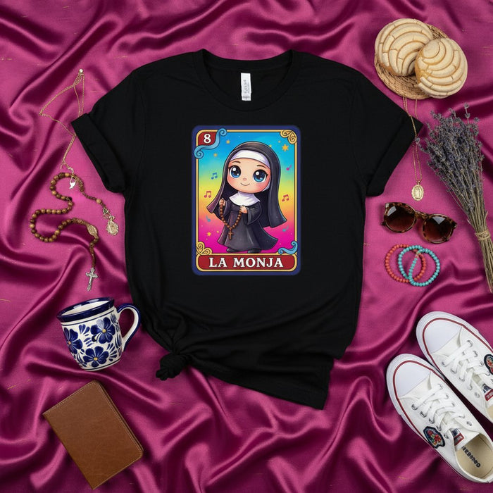 La Monja Loteria Card T-Shirt Cute Nun Kawaii Design Unisex Tee Colorful Mexican Bingo Art Gift for Her Him Friends and Family Number 8