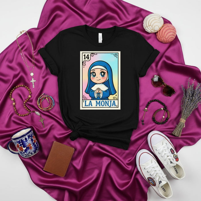La Monja Camiseta con Gráfico de Carta de Lotería - Diseño Lindo de Monja Kawaii de Bingo Mexicano, Regalo Temático Católico Religioso Negro Unisex para Él Ella