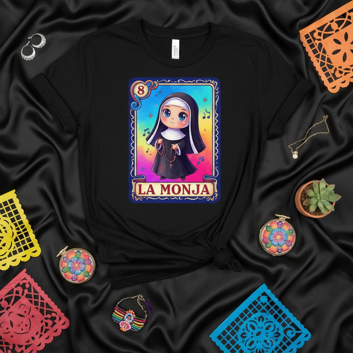 La Monja Carina Monaca Kawaii Loteria Card Maglietta Grafica per Donna Uomo Unisex Messicano Bingo Gioco Costume Idea Regalo Halloween
