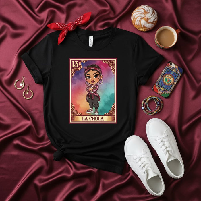 LA CHOLA Number 13 Chola Loteria Card Style Graphic T-Shirt | Latina Power Urban Streetwear Tee | Cute Chibi Woman Design | Unisex Apparel Gift