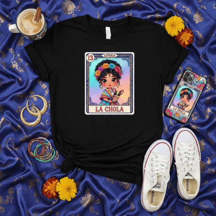 LA CHOLA Loteria Card T-Shirt: Cute Chicana Woman with Floral Crown & Butterfly | Mexican Bingo Inspired Graphic Tee | Unisex Cultural Folk Art Style Shirt and Gift