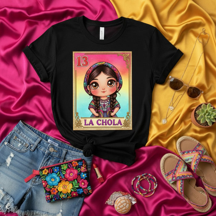 LA CHOLA Cute Chibi Loteria Card Number 13 Graphic Tee, Unisex Mexican Bingo Inspired Folk Art T-Shirt, Hispanic Heritage Style Clothing