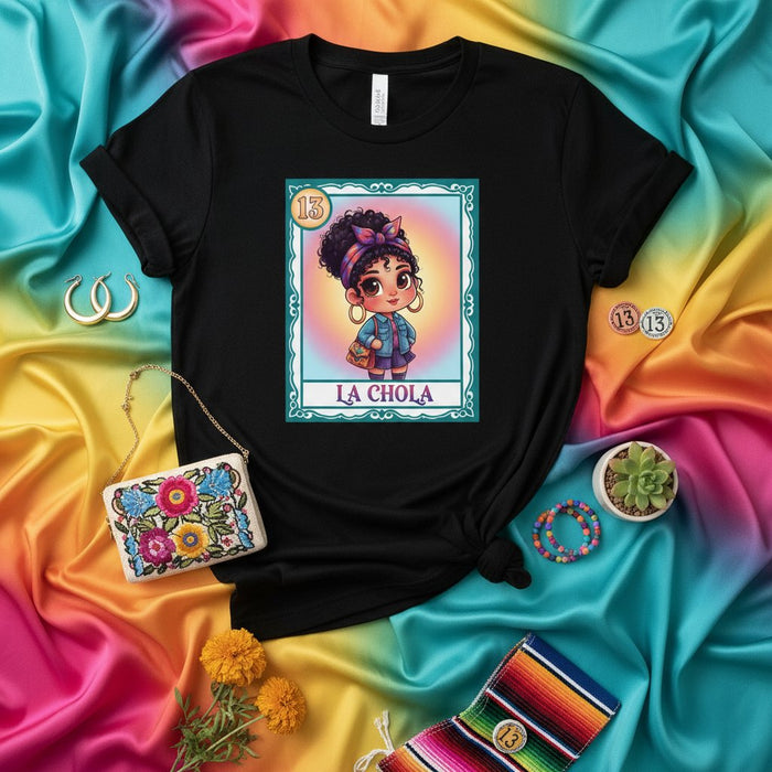 LA CHOLA Latina Loteria Card T-Shirt, Chicana Mexican Bingo Game Art Tee, Cute Afro-Latina Girl Graphic Shirt, Women's Colorful Culture Fiesta Apparel Gift