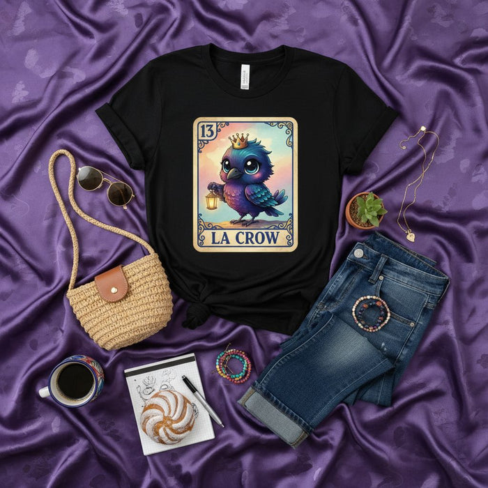 LA CROW Cute Royal Blue Crow Bird Loteria Card T-Shirt, Spooky Gothic Number 13 Tee, Unique Kawaii Animal Gaming Graphic Tee, Unisex Halloween Costume Shirt, Mexican Bingo Game Inspired Apparel Gift