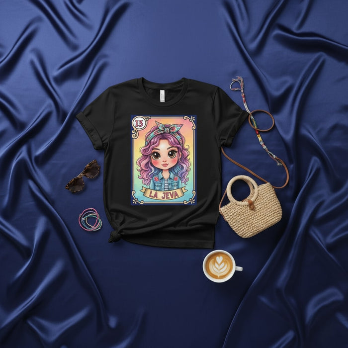 La Jeva Loteria Card T-Shirt Cute Pastel Rainbow Hairstyle Chibi Girl Graphic Tee Latinx Heritage Gift Idea