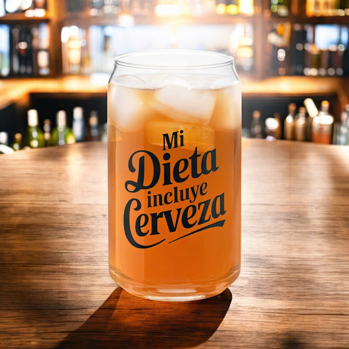 La mia dieta include la birra Esclusiva opera d'arte in vetro a forma di lattina per ufficio a casa, lavoro, orgoglio messicano spagnolo, tazza regalo, calligrafia unica nel suo genere | M27