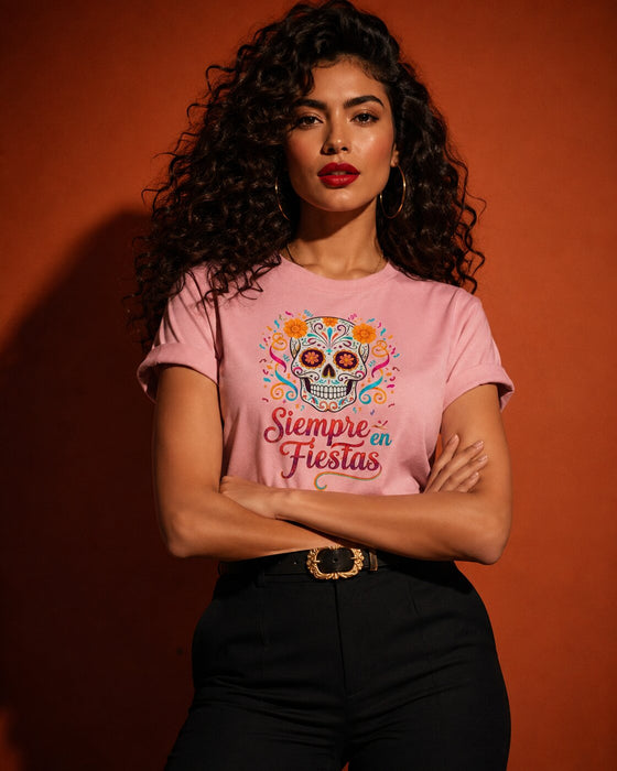 T-shirt Siempre en Fiestas Jour des Morts Fiesta Mexicaine T-shirt Dia de Muertos Sucre Crâne Haut Floral Calavera pour Femme