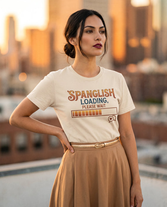 Spanglish Loading Please Wait T-Shirt, Bilingual Humor Tee, Hispanic Heritage Month Gift, Funny Spanish English Mixer Shirt, Language Enthusiast Apparel for Men and Women