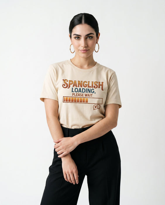 Spanglish Loading Please Wait T-Shirt, Bilingual Humor Tee, Hispanic Heritage Month Gift, Funny Spanish English Mixer Shirt, Language Enthusiast Apparel for Men and Women