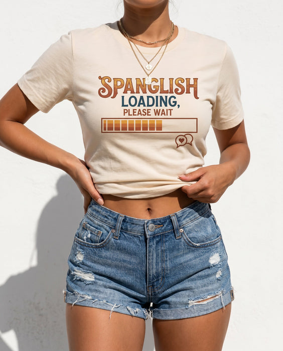 Spanglish Loading Please Wait T-Shirt, Bilingual Humor Tee, Hispanic Heritage Month Gift, Funny Spanish English Mixer Shirt, Language Enthusiast Apparel for Men and Women
