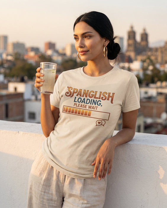 Spanglish Loading Please Wait T-Shirt, Bilingual Humor Tee, Hispanic Heritage Month Gift, Funny Spanish English Mixer Shirt, Language Enthusiast Apparel for Men and Women