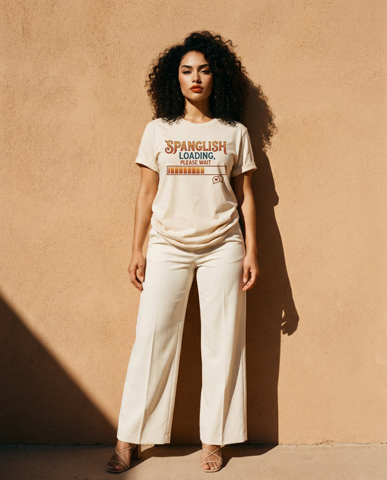 Spanglish Loading Please Wait T-Shirt, Bilingual Humor Tee, Hispanic Heritage Month Gift, Funny Spanish English Mixer Shirt, Language Enthusiast Apparel for Men and Women