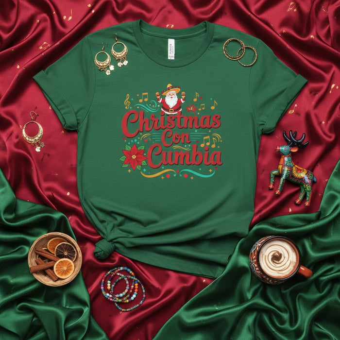 Christmas Con Cumbia Shirt, Santa Sombrero, Cumbia Music, Mexican Christmas Tee, Poinsettia, Festive Holiday Party T-Shirt, Unisex Green Graphic Shirt