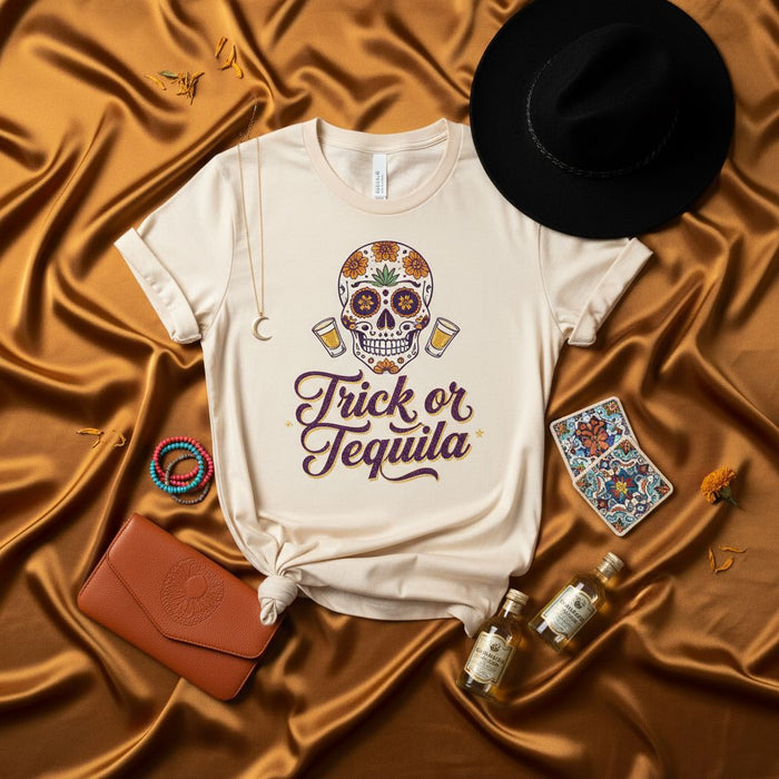 Trick or Tequila Sugar Skull Shirt, Day of the Dead Marigold Flowers Calavera Tee, Funny Halloween Party Drinking Gift, Unisex Graphic T-Shirt